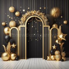 an elegant black and gold party with balloons, stars and garlands on the door