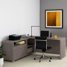 an office with a desk, chair and computer monitor on the wall next to a potted plant