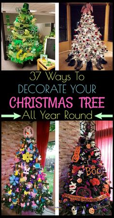 christmas tree made out of recycled items and decorated with words that read, 33 ways to decorate your christmas tree all year round