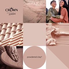 two people standing next to each other in front of a pink and beige color scheme