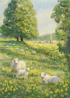 an oil painting of sheep in a field with trees and flowers on the other side