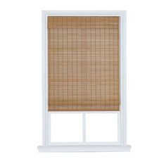 a window with a bamboo blind in the middle and white frame around it, against a white wall