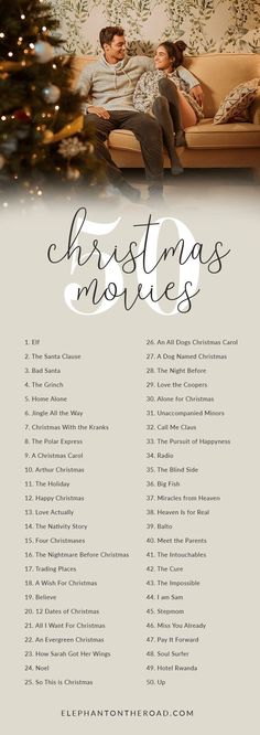 the christmas movies list is shown in front of a christmas tree with presents on it