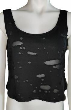 Black tank top.  This fabric looked distressed but is sheer in areas. Distressed Tops For Spring Night Out, Distressed Tops For Night Out In Spring, Summer Ripped Stretch Top, Summer Stretch Ripped Tops, Black Distressed Edgy Tank Top, Black Edgy Distressed Tank Top, Black Distressed Tank Top For Summer, Edgy Ripped Tops For Night Out, Ripped Sleeveless Summer Tops