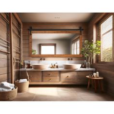 a bathroom with two sinks and a large mirror above the sink is surrounded by wood paneling