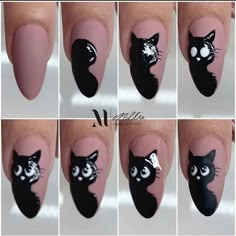 Cat Nail Designs, Cartoon Nail Designs, Cat Nail Art, Animal Nail Art, Cat Nail, Halloween Acrylic Nails, Nail Drawing, Nail Art For Beginners, Nail Art Designs Diy