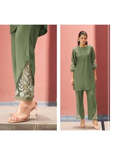 Elegant Green Cotton Sets, Elegant Green Cotton Palazzo Set, Elegant Summer Palazzo Matching Set, Elegant Summer Matching Palazzo Set, Elegant Green Sets For Summer, Elegant Green Summer Sets, Chic Green Matching Set, Elegant Pista Green Cotton Set, Elegant Pista Green Palazzo Set For Summer