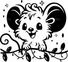 a black and white drawing of a mouse on a branch