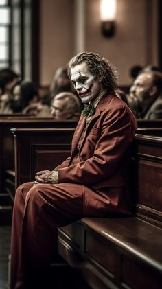 a man dressed as the joker sitting in a courtroom