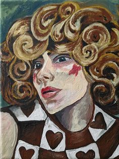 a painting of a woman with curly hair and hearts painted on it's face