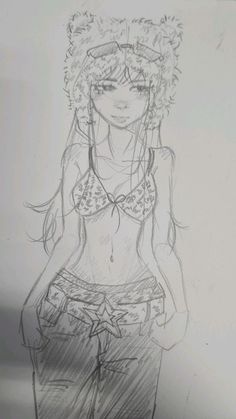 a pencil drawing of a girl with curly hair and glasses on her head wearing shorts