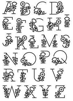 the alphabet with flowers and leaves is shown in this hand drawn font, which has been used