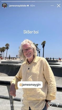 an older man standing in front of a skateboard ramp with the text sk8er boi on it