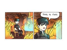 a comic strip with an image of a boy sitting in front of a fire