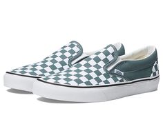 Vans Classic Slip-On - Skate Shoes : Color Theory Checkerboard Stormy Weather : The one that started it all - the tried-and-true style and laid-back profile of the Vans Classic Slip-On shoes. Slip-on sneakers with uppers of canvas, leather, or suede. Durable upper for long lasting wear. Padded collar and footbed for added comfort, fit, and superior shock absorption. Cotton drill lining for excellent breathability and extra comfort. Die-cut EVA insert for added support. Vulcanized construction: • Casual Slip-on Sneakers With Round Toe For Skateboarding, Casual Round Toe Slip-on Sneakers For Skateboarding, Casual Slip-on Sneakers For Skateboarding, Casual Slip-on High-top Sneakers With Cushioned Footbed, Casual Slip-on Skate Shoes For Streetwear, Casual Slip-on Skate Shoes With Vulcanized Sole, Slip-on Low-top Sneakers With Speckled Midsole, Casual Vans Canvas Shoes With Rubber Sole, High-top Canvas Slip-on Sneakers With White Sole