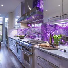 a kitchen with purple and white tiles on the backsplash