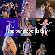 several photos of the same woman in different outfits and words that say, eras tour photos like this?