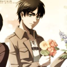 two anime characters holding flowers in their hands