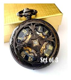 Black Mechanical Pocket Watch with Matching ChainPersonalized Engraved Groomsmen Gift Set of ThreeFull Size Pocket WatchHand Wind Only No Battery RequiredComes New in Box with Matching Vest Chain and Black Velvet PouchEngraving is done on the back glass of the watch as shown in picture. The engraving is semi-transparent to allow viewing of the watch mechanism. You have three engraving choices:1) No Engraving 2) Initials OR Date 3) Date AND InitialsEngraving can be different on each watch. Please Vest Chain, Groomsmen Presents, Watch Mechanism, Groomsmen Gift Set, Celtic Love Knot, Hand Wound, Mechanical Pocket Watch, Groomsmen Gifts Personalized, Watch Set