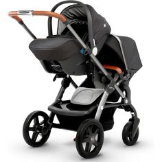 the buggy stroller is shown in black and grey with an orange handlebar