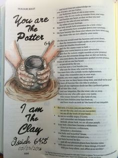 an open bible with the words you are the potter and hands holding a coffee cup