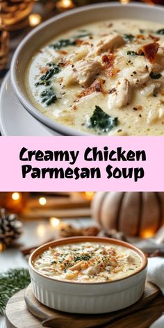 Creamy Chicken Parmesan Soup - Cozy Fall Crock Pot Recipe Warm up your chilly November days with this creamy Chicken Parmesan Soup! This easy slow cooker recipe combines tender chicken, rich Parmesan cheese, and fresh spinach in a comforting bowl of goodness. Perfect for family dinners and a delicious way to embrace the soup season! #CrockPotRecipe #ComfortFood #FallRecipes #EasyDinner Slow Cooker White Chicken Lasagna Soup, Crock Pot Creamy Parmesan Chicken, Crockpot Cream Chicken Parmesan Soup, Homestyle Recipes Comfort Foods, Crockpot Creamy Chicken Parmesan, Crockpot Potato Soup With Chicken, Creamy Parmesan Chicken Soup Crockpot, Slow Cooker Creamy Tomato Soup, Chicken Crock Pot Soup Recipes