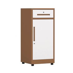 a white and brown cabinet with drawers on it's sides, in front of a white background