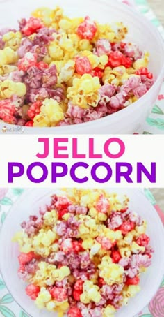 a bowl filled with jello popcorn on top of a table