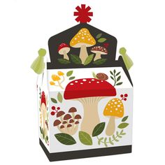 a box with mushrooms and leaves on it