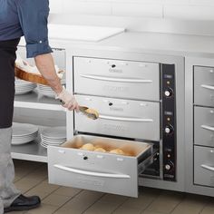 Keep your most popular sides and entrees hot and ready to serve with the ServIt WDSBI-3K triple freestanding drawer warmer! This warmer features 1350 watts of heating power and three drawers that accommodate a full size 12" x 20" x 6" food pan in each drawer that you can fill to the brim with a variety of hot foods. There are also adjustable pan supports that allow you to use a variety of other sizes of food pans in this warmer. The durable, full stainless steel construction makes sure that this Kitchen Warming Drawer, Towel Warmer Drawer Bathroom, Warmer Drawer Kitchen, Heating Tools Bathroom Drawer, Server Station, Online Restaurant, Fiberglass Insulation, Keep Food Warm, Warming Drawer