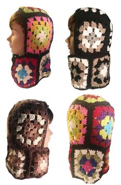 crocheted hats are shown in four different colors