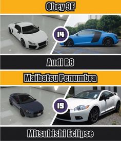 four different cars are shown in the same color scheme