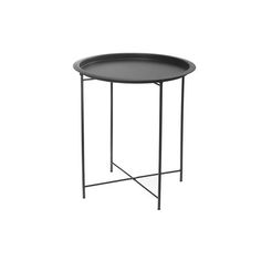 a round table with metal legs and a black tray on the top, against a white background