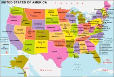 a map of the united states with all major cities and their respective name on it