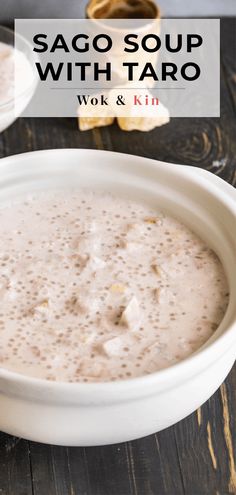 sago soup with taro in a white bowl