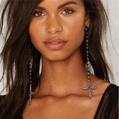 Faith And Fashion Combine In This Long Link Chain With Black Beads And Dangle Cross Detailed In Silver Plated Metal. Material: Acrylic, Alloy Length: Approx. 6.4" Dangle Cross Earrings, Into The Void, Tassel Earing, Gothic Earrings, Beaded Tassel Earrings, Long Tassel Earrings, New Retro, The Void, Long Dangle Earrings