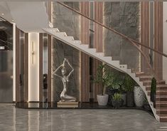 a woman is standing in the middle of a room with stairs and potted plants