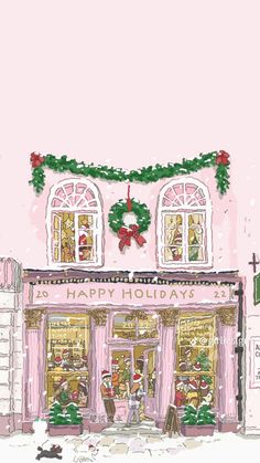 a drawing of a store front with christmas decorations