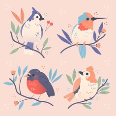 three birds sitting on branches with leaves and flowers around them, one is red, the other is blue