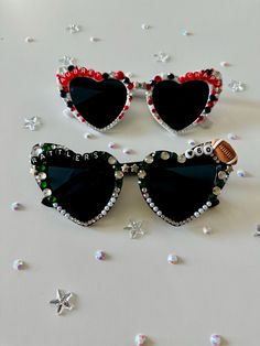 The cutest sunglasses to showcase your school spirit! Perfect for high school games and spirit days.  Personalization: These are available on white or black frames. All of them will have the pearls and rhinestones as shown, but the main rhinestone color will change based on requested team colors.  For multiple words, they'll be split between the two lenses unless otherwise requested.  **Sunnies are an adult fit High School Spirit, High School Games, Spirit Days, Cute Sunglasses, Black Frames, Womens Sunglasses, School Games, School Spirit, Eyewear Sunglasses