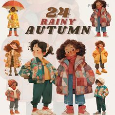 the children are wearing raincoats and standing in front of an advertisement for rainy autumn