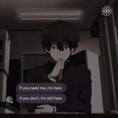 an anime character is talking to someone in the room with his hand on his chin