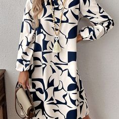 Daha hızlı gönderim. Daha iyi hizmet Midi Dress Chic, Long Sleeve Tunic Dress, Dresses Casual Winter, Geometric Print Dress, Women Long Sleeve Dress, Long Sleeve Casual Dress, V Neck Midi Dress, Short Dresses Casual, Women Midi