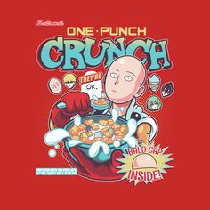 a cartoon character holding a bowl of cereal in front of a red background with the words one punch crunch on it