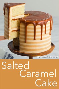 an image of a cake with chocolate icing on it and the words salted caramel cake