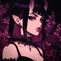 an anime character with purple hair and horns on her head is staring at the camera