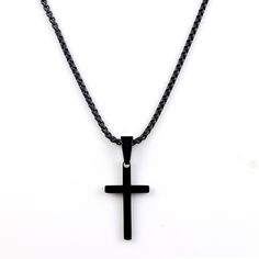 "*Cross Necklace for men is Highly polished shiny both sides surface simple and classic design pendant with 2mm Venetian box chain. *Black Cross Necklace for men, cross pendant with chain High Quality 316L Stainless Steel is Commonly used for jewelry because it will not oxidize or turn black with only minimal maintenance. *Cross Pendant size Small : Length - 0.82\"(21mm), Width - 0.43\"(11mm). Medium : Length - 0.95\"(24mm), Width - 0.56\"(14mm). Large : Length - 1.26\"(32mm), Width - 0.7\"(17mm Black Stainless Steel Chain Necklace, Black Box Chain Necklace For Formal Occasions, Black Box Chain Necklace For Formal Events, Formal Black Box Chain Necklace, Elegant Black Stainless Steel Chain Necklace, Black Cross Necklace With Box Chain, Black Stainless Steel Chain Necklace With Adjustable Chain, Classic Black Chain Jewelry, Black Pendant Necklace With Chain