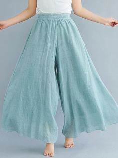 UOOZEE Summer Wide Leg Full Length Pants, Summer Long Wide Leg Pants, Full-length Bottoms In Solid Color For Summer, Ankle-length Cotton Bottoms In Solid Color, Cotton Ankle-length Bottoms In Solid Color, Ankle-length Solid Color Cotton Bottoms, Solid Color Cotton Ankle-length Bottoms, Non-stretch Light Blue Bottoms With Pockets, Casual Ankle-length Wide Leg Pants For Summer