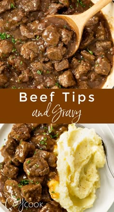 beef and gravy with mashed potatoes on a plate