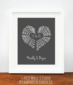 a heart shaped word art print with the names of two people